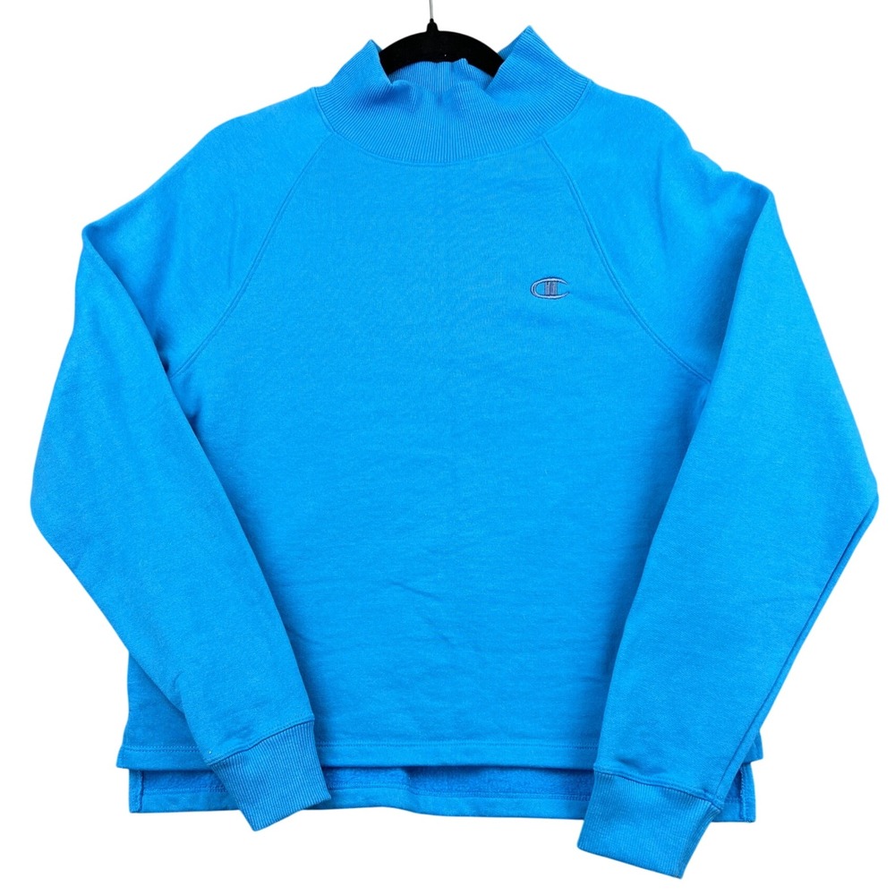 Champion Sweatshirt Womens Medium Mock Neck Blue Fleece Raglan Split Hem W59220